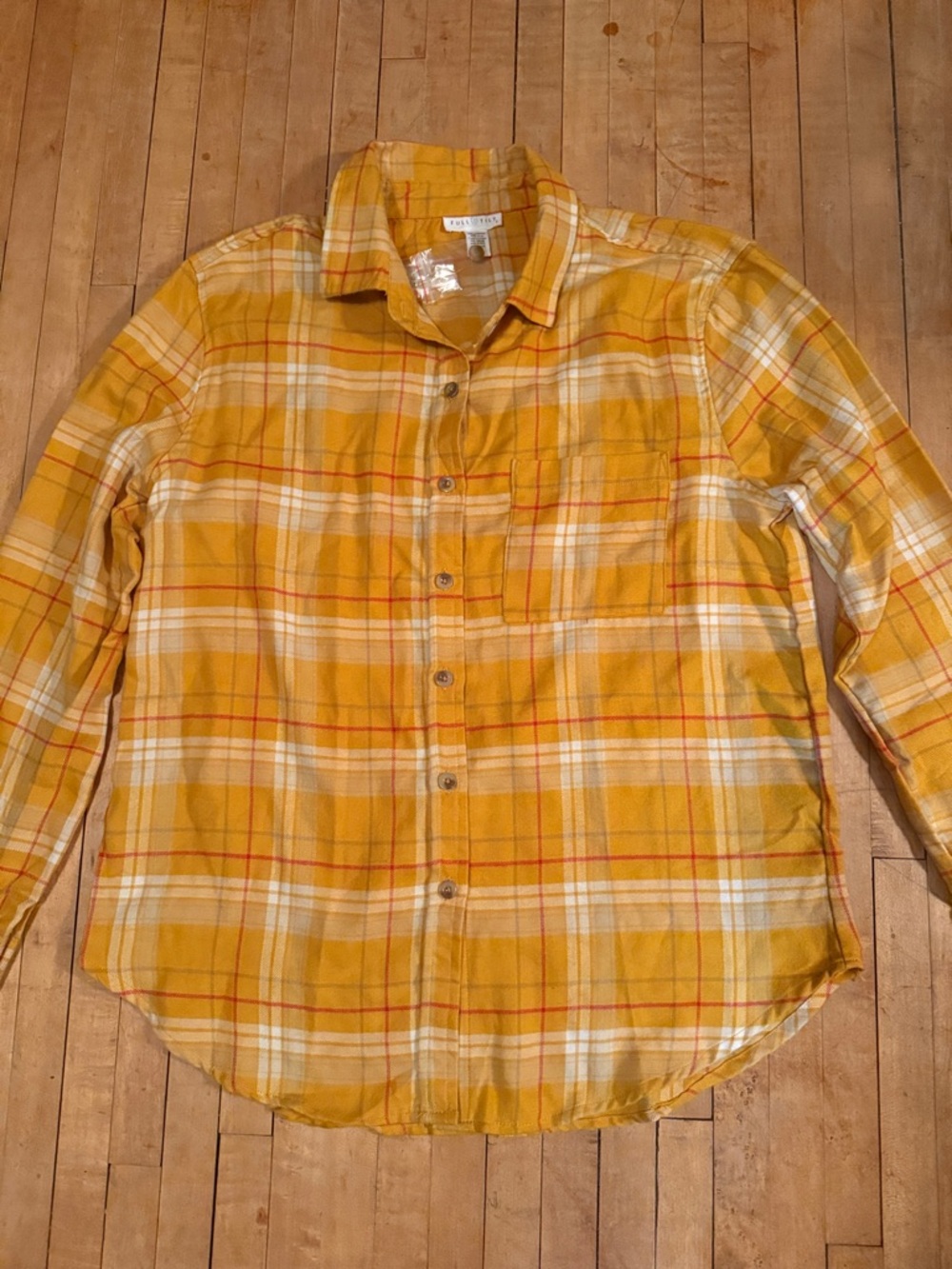 Full Tilt Yellow Plaid Button-Down Shirt with Red Accents